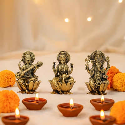 Ganesha, Lakshmi & Saraswati-Trimurti Brass Idol Set of 3